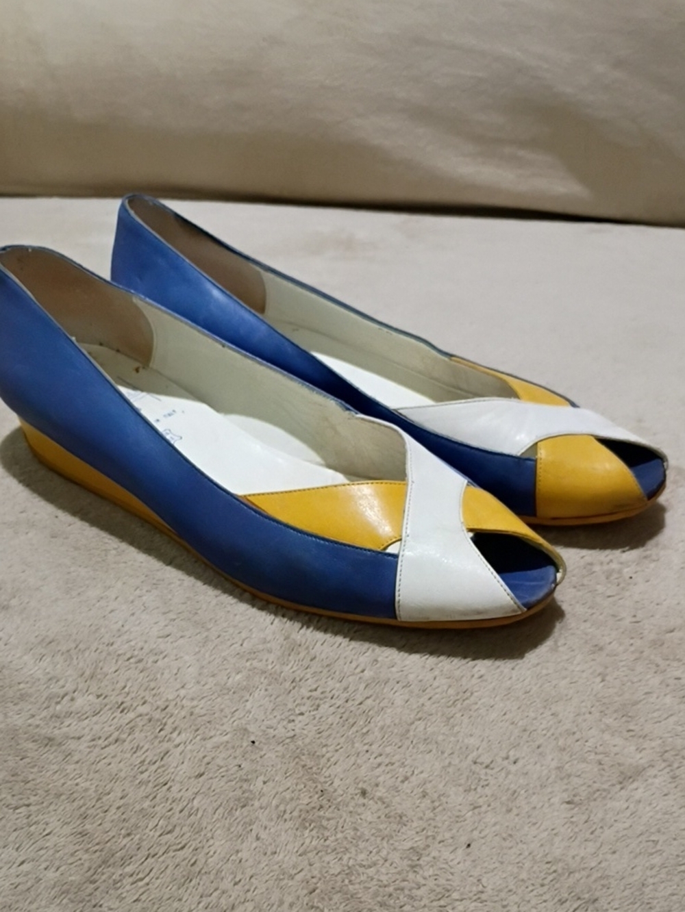 Bruno Magli Blue, White & Yellow Peep-Toe Flats